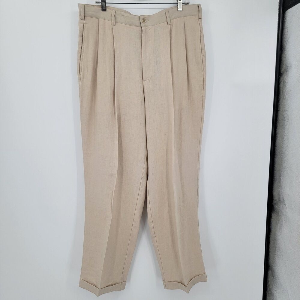 Alan Flusser Mens Beige 100% Linen Pleated Cuffed Cool Summer Dress Pants 36x32